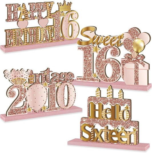 4 Pieces 16th Birthday Wooden Vintage 2010 Table Centerpieces Decoration for Girls, Pink Rose Gold Sweet 16 Birthday Table Sign Party Supplies, Hello 16 Old Bday Table Decor
