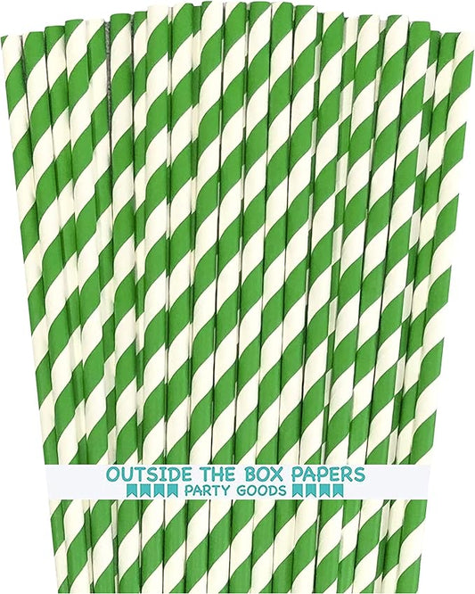 Striped Paper Straws - 100 Green White Straws - Christmas St Patrick's Birthday Supply - 7.75 Inches - Pack of 100 - Outside the Box Papers Brand