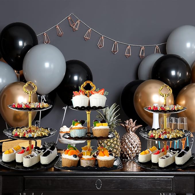 8 Pieces 3 Tier Plastic Cupcake Black Pastry Stand Cake Fruit Candy Dessert Table Display Set Tiered Serving Tray Round and Square Cup Cake Tier Stand for Wedding Birthday Tea Party Decoration