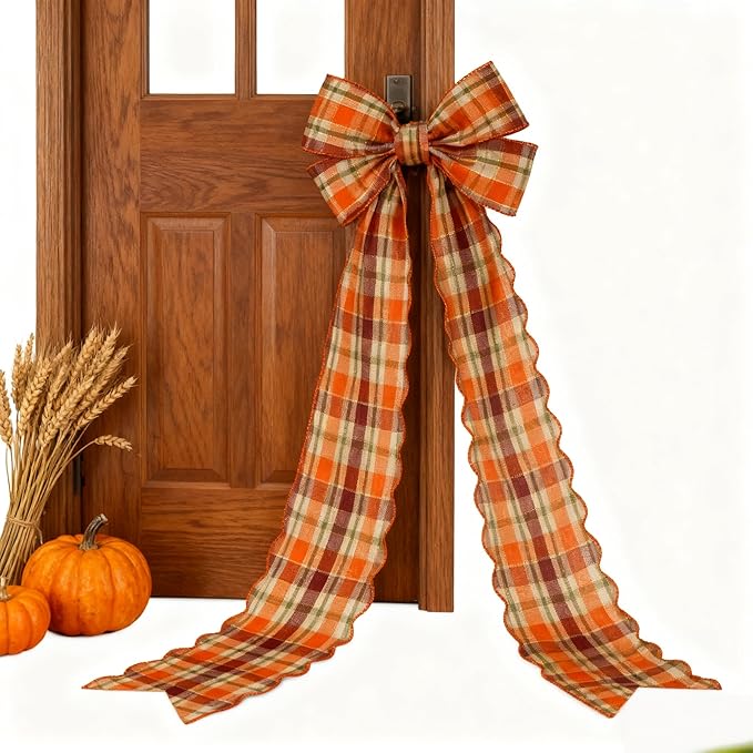 Meseey 4 Inch x 10 Yards Orange Burgundy Green White Plaid Wired Ribbon, Fall Buffalo Plaid Wired Edge Ribbons for Large Wreaths, Big Bows, Gift Wrapping, Thanksgiving & Halloween Decor