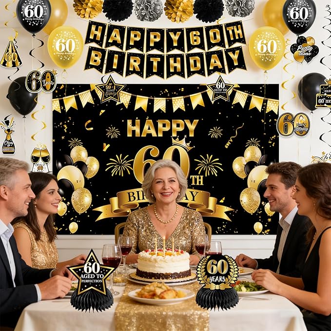 60th Birthday Decorations, Pre-Strung Happy Birthday Banner with Balloons, Backdrop, Honeycomb Centerpieces, Hanging Swirl Streamers, Black Gold Happy Birthday Party Decorations for Men Women