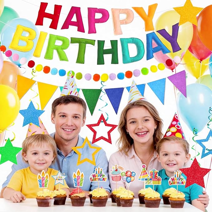 43PCS Pre-Strung 3D Felt Happy Birthday Banner Decorations, Rainbow Happy Birthday Banner Felt Pom Pom Garland Triangle Fabric Banner for Handmade Felt Reusable Birthday Banner Decorations Supplies