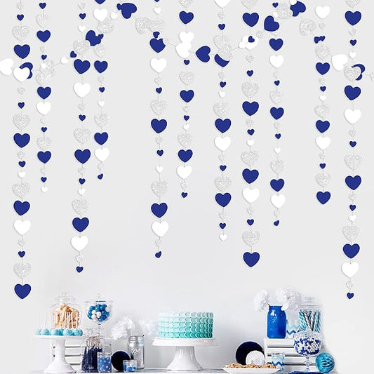 52 Ft Valentines Day Party Decorations Navy Blue Silver Heart Garlands Silver Royal Blue Hanging Streamer Banners for Anniversary Bachelorette Engagement Wedding Bridal Shower Birthday Party Supplies