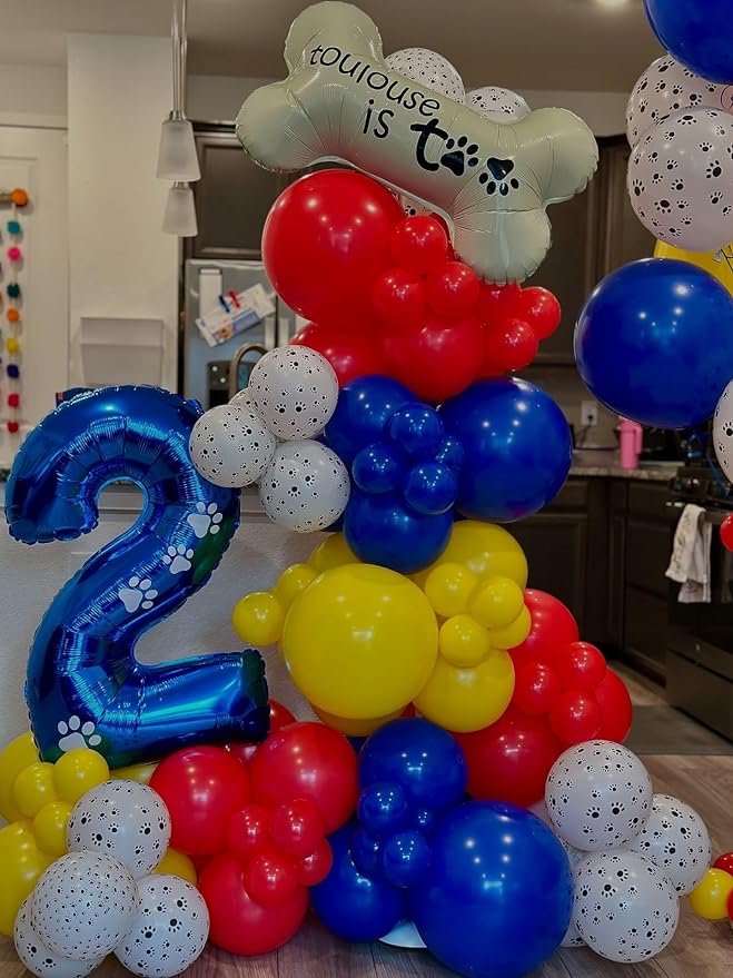 Dog Paw Latex Balloons, 50pcs 12 Inches Royal Blue Light Blue Yellow Red Paw Print Balloons with 1 Ribbon for Dog Birthday Party Decorations