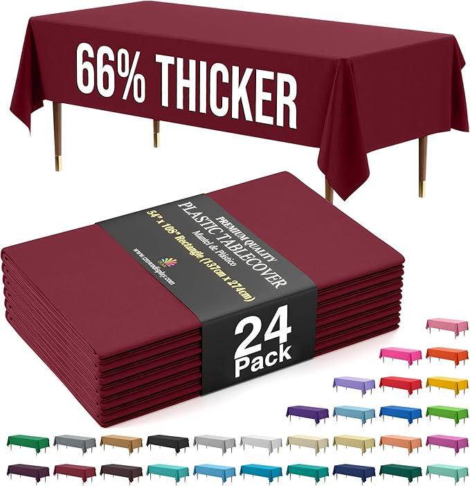 Exquisite 66% Thicker Premium Plastic Table Cloth Rectangle Table Cover 0.5 Mil 24 Pack Burgundy Table Cloth 54 Inch x 108 Inch Disposable Tablecloth Won't Tear Easily Like Cheap Thin Brands