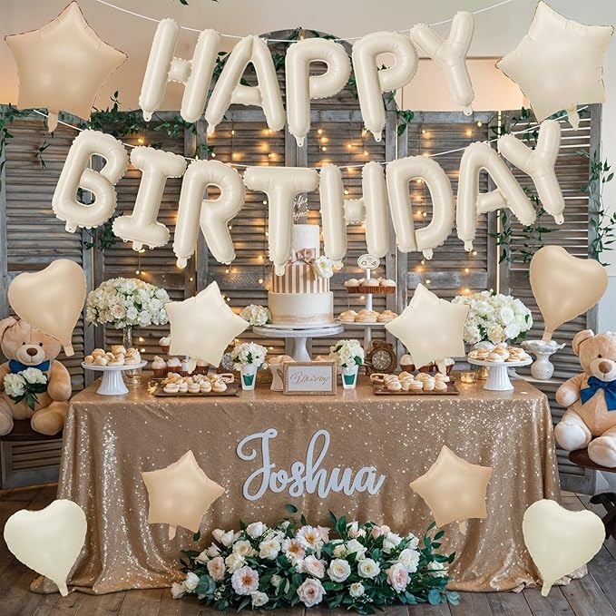 Happy Birthday Balloon Banner Cream, 16 Inch Beige Mylar Foil Letter Balloons, Boho Neutral Birthday Decorations with 10 Pcs Ivory Caramel Brown Foil Balloon, Inflatable Party Supplies for Women Girl