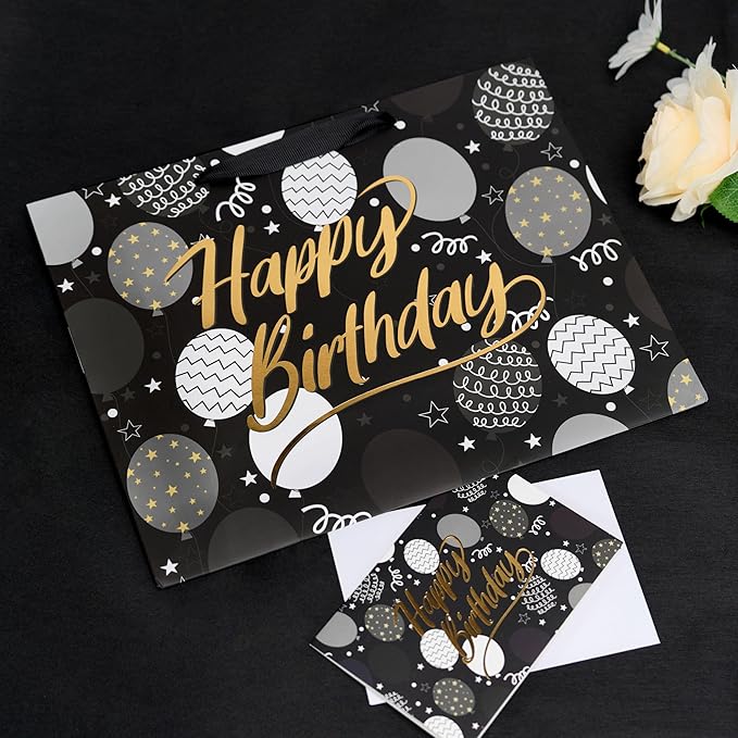 Bobobag 13" Black Birthday Gift Bag with Tissue Paper and Greeting Card for Men, Gift Ideals for Adults, Boys and Kids