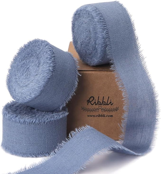 Ribbli 3 Rolls Dusty Blue Ribbon 1 Inch x 18 Yards Handmade Cotton Frayed Fringe Ribbons for Gift Wrapping Wedding Invites Bridal Bouquets Baby Shower DIY Crafts Home Decor