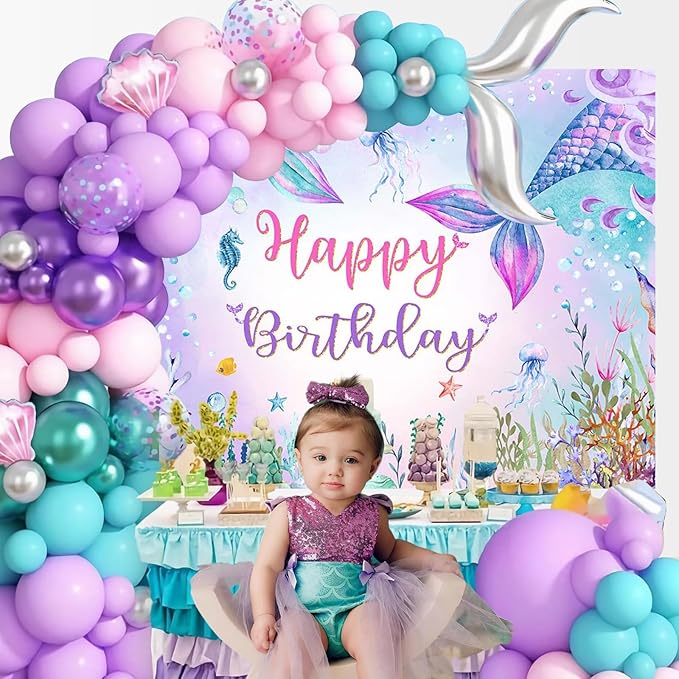 Mocsicka Mermaid Birthday Backdrop Under The Sea Birthday Party Decoration for Girl Blue Purple Mermaid Tails Photography Background (10x7ft(120x82 inch))
