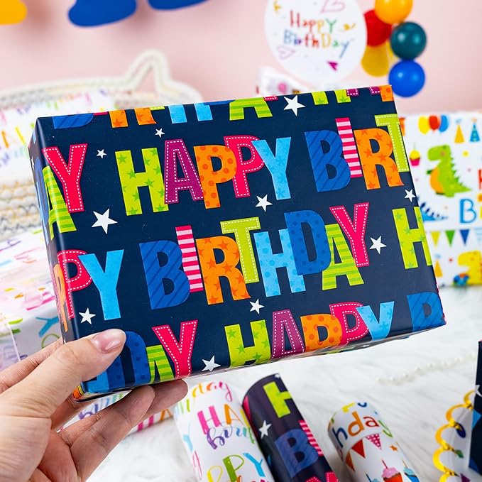 MAYPLUSS Dinosaur Birthday Wrapping Paper, Kid Gift Wrapping Paper, Happy Birthday Dinosaur Pattern Gift Wrap for Boys, Girls, Baby Shower(Mini Roll, 17 Inch x 120 Inch Per Roll)