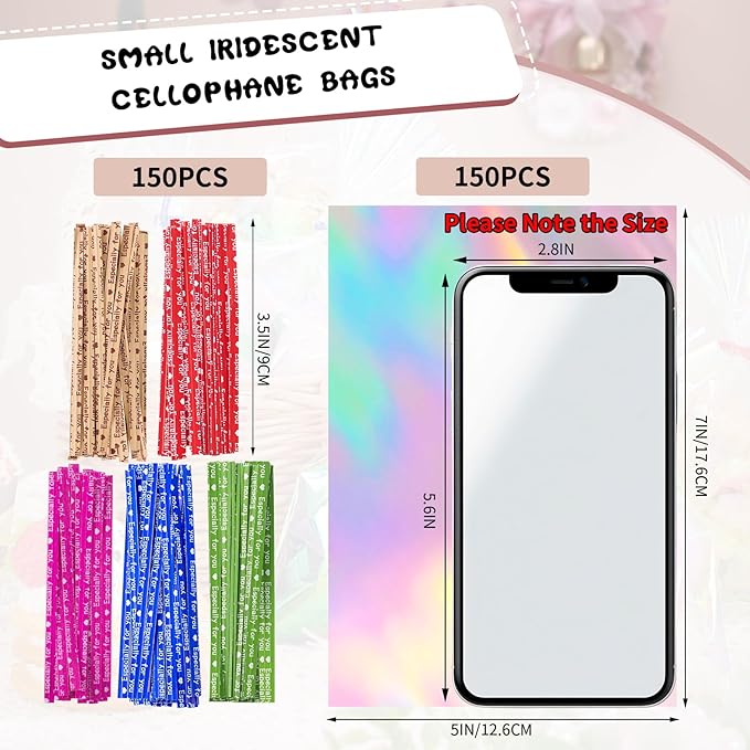 woric 150PCS Iridescent Cellophane Treat Bags with Ties 5x7 Inch Plastic Clear Party Favor Bags Gift Bag for Candies Cookies Baby Showers Weddings Birthday Party Gifts