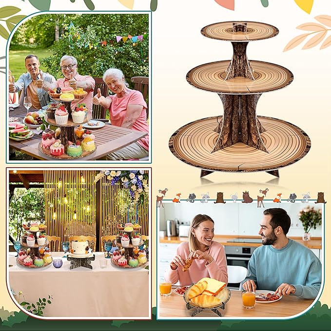 Sawysine 7 Pcs Woodland Cupcake Stand Set Woodland Baby Shower Decorations 3 Tier 2 Wooden Cupcake Stand 1 Rustic Cake 4 Rectangle Serving Tray Birthday Western Camping Hunting Supplies(Circle)