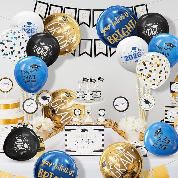GuassLee Graduation Blue and Gold Balloons 2026 - Grad Latex Confetti Balloons with Congrats Grad Foil Balloons for Graduation Party Decorations Supplies, 60Pcs
