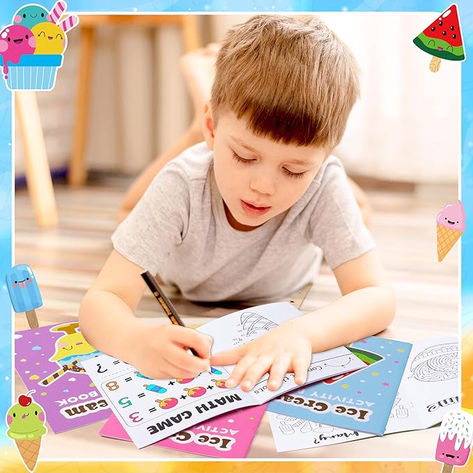 Ice Cream Activity Books for Kids 48Pcs Summer Ice Cream Mini Games Coloring Book Set Bulk Mazes Word Search Word Scramble Games for School Classroom DIY Art Gifts Summer Holiday Party Favors