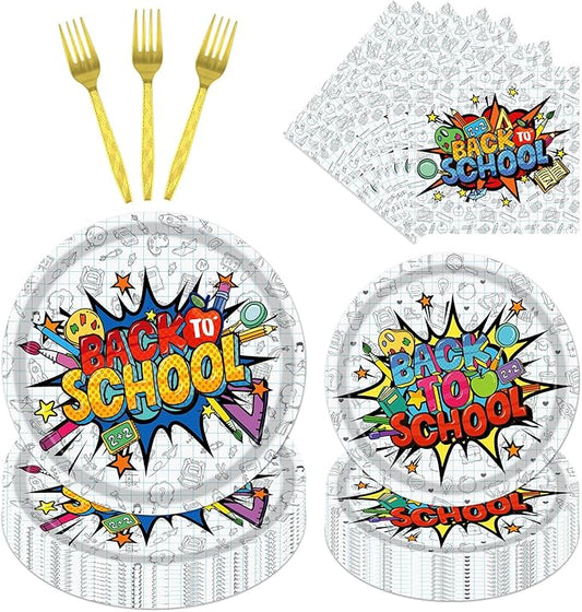 Gameza Back to School Plates and Napkins Set, 96PCS First Day of School Party Decorations Tableware, Disposable Welcome Teacher Students Party Supplies Serves 24