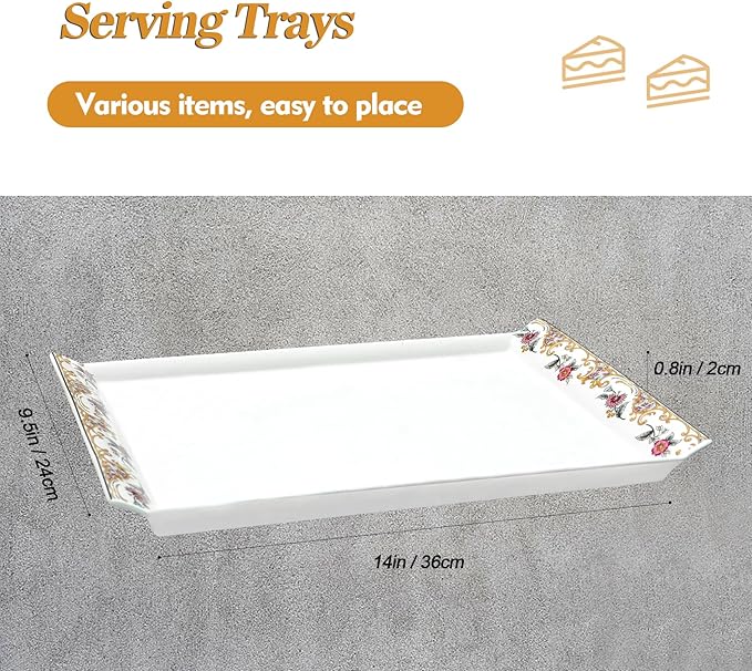 ACMLIFE Bone China Serving Platter, 14 Inch White Rectangular Tray, Elegant Floral Pattern, Ideal for Tea Set, Appetizers, Fruit, Veggies, Desserts