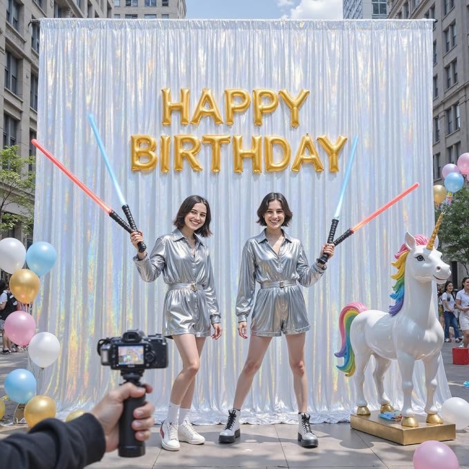 20x10ft Glitter Sequin Silver Backdrop Curtains Photo Backdrop Curtain Fabric Rainbow Shimmer Drapes Backdrop Bridal Baby Shower Wedding Birthday Party Photography Backdrop Photoshoot 5x10FT, 4 Panels