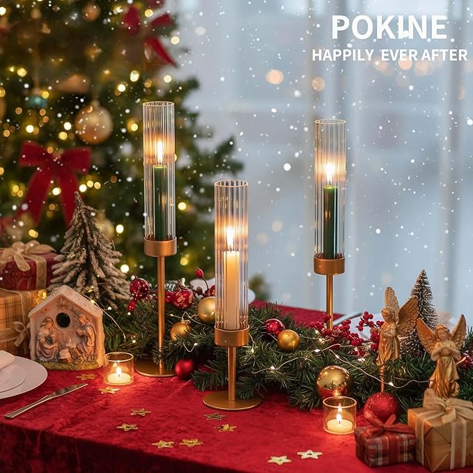 POKINE Tall Hurricane Candle Holders Set of 6, Gold Glass Taper Candlestick Holders for Wedding, Christmas, Dining Table, Party & Home Decor