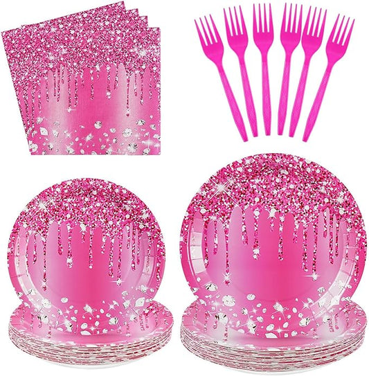 Grencian 96Pcs Hot Pink Silver Party Supplies Hot Pink Plates Disposable Disco Holographic Birthday Tableware Set for Girls Women Silver Glitter Wedding Bridal Shower Birthday Party Decor, Serves 24