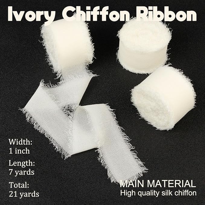 Ivory Chiffon Ribbon - 1 Inch x 21 Yards, Handmade Fringe, Silk, Boho Frayed, Wedding Invitation, Bridal Flower Bouquets, Floral Arrangement, Gift Wrapping