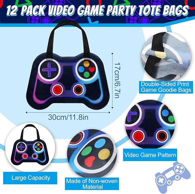 Silkfly 12 Pcs Video Game Party Favor Bags Non Woven Reusable Gaming Goodie Treat Gift Bags with Handles Gaming Party Supplies Class of 2026 Graduation Favors (Neon Color)
