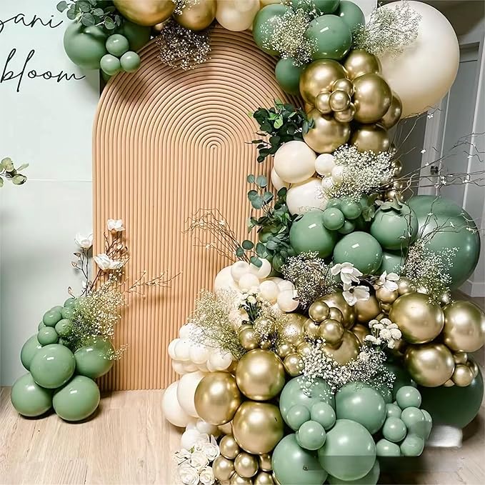 MEBAY Sage Green White Gold Balloon Garland Arch Kit, 146Pcs Latex Balloons Different Sizes 18 12 10 5 Inch for Birthday Baby Shower Gender Reveal Wedding Party Decoration