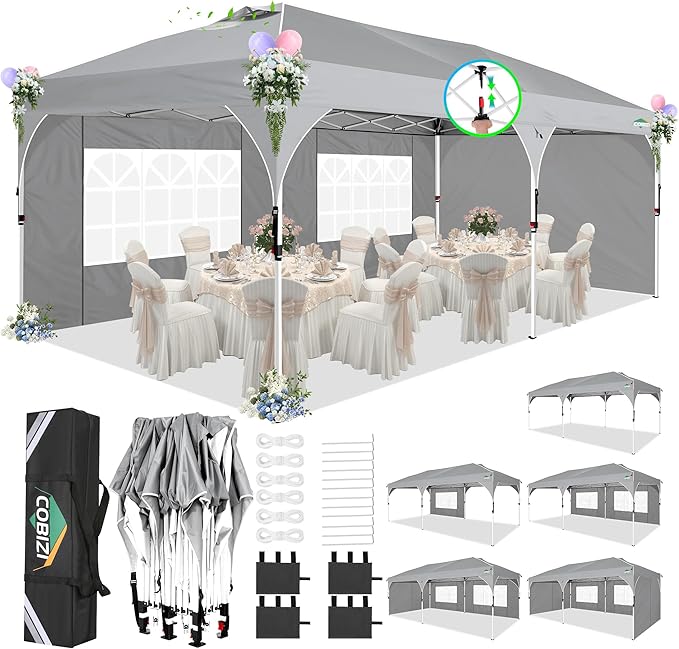 COBIZI 10x20 Pop Up Canopy: Canopy Tent with Patented Center-Lock Tech | Quick-Setup,UV-Reflective & Detachable Walls | 210D Waterproof | 3 Height Adjustments for Parties,Weddings,Outdoor Events(Gray)