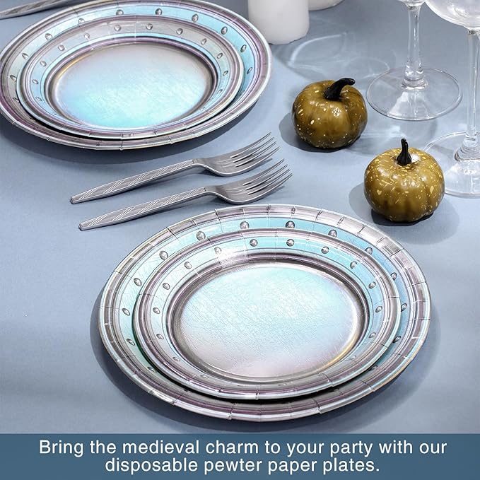 Jingmore 180 Pcs Medieval Party Supplies Disposable Pewter Paper Plates and Forks Tableware Set for Pirate Knight Castle Halloween Decorations Dinner Silver Grey 9" and 7'' Serves 60（Vintage Style）