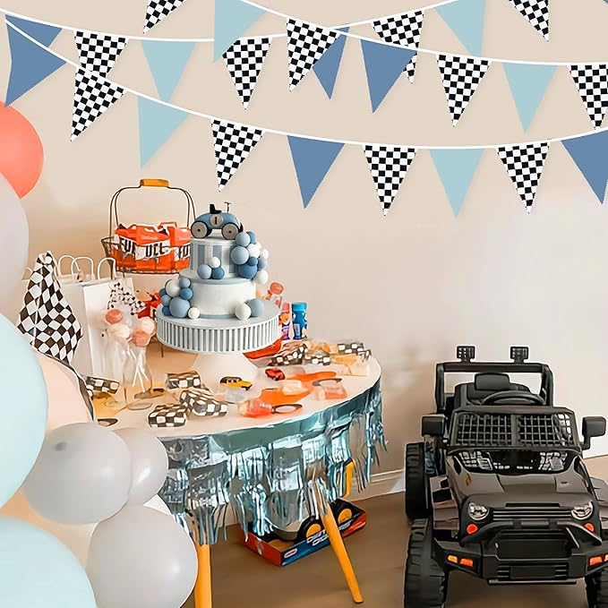 32Ft Racing Party Decorations Dusty Blue Black White Checkered Racing Car Fabric Banner Triangle Flag Pennant Garland Streamers for Boys Race Car Birthday Racetrack Baby Shower NASCAR Picnic Decor