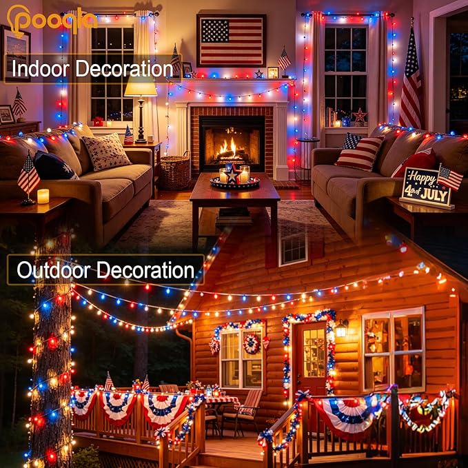 Pooqla 500 LED 164 FT Red White and Blue Lights, 4th of July Patriotic Decoration Twinkle Lights, 8 Modes Plug in 4th of July String Lights for Indoor Outdoor Independence Day Decorations, Clear Wire