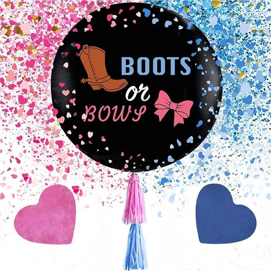 Boots or Bows Gender Reveal Balloon With Tassel Tail, 36 Inch Big Black Balloons with Pink and Blue Heart Shape Confetti Packs for Boy or Girl, Baby Shower Gender Reveal Party Decoration Kit