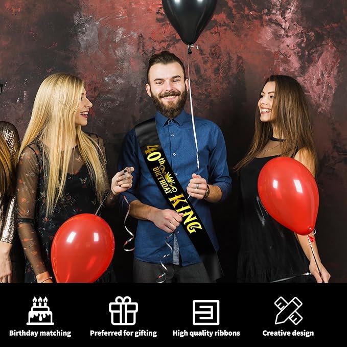 40th Birthday King Sash with Gold Foil - Soft Satin Black 40th Birthday Sash for Men 40th Fabulous Bday Party, Great for Men 40 Bday Gifts Ideas, Large Enough Size (35.4x3.74 inch)