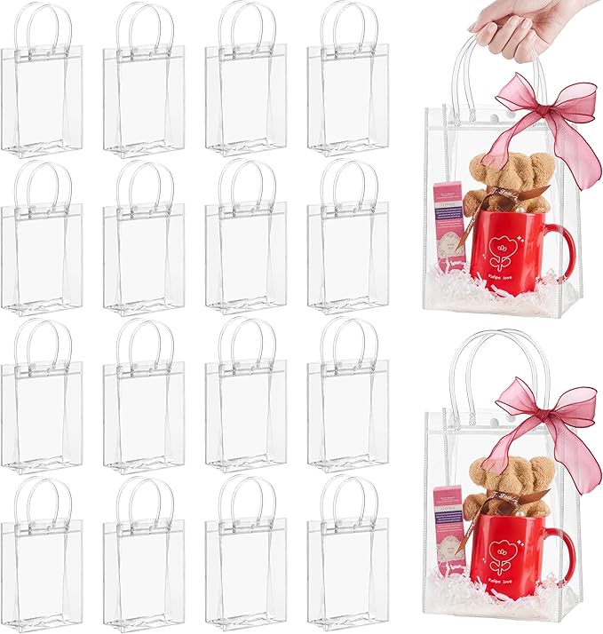 Jutieuo 24 PCS Clear Gift Bags with Handles, 6.7 x 9.1 x 2.8 Inches Reusable Plastic Goodie Bag Transparent Party Favor Bags Bulk for Weddings Birthdays Events, Classrooms & Celebrations