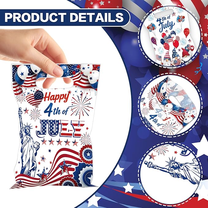 MOIZYNG 50Pcs Happy 4th of July Gift Bags with Handles, Patriotic Red White Blue Plastic Candy Treat Goodie Bags for Fourth of July Independence Day Party Favors Supplies