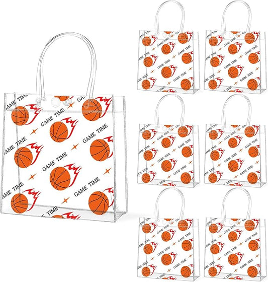 24Pcs Basketball Clear PVC Gift Bags with Handles Bulk 8 x 8 x 3In Sport Theme Goodie Treat Candy Bags Basketball Team Present Wrap Tote Bag for Boys Birthday Party Favor Baby Shower Decors Supplies