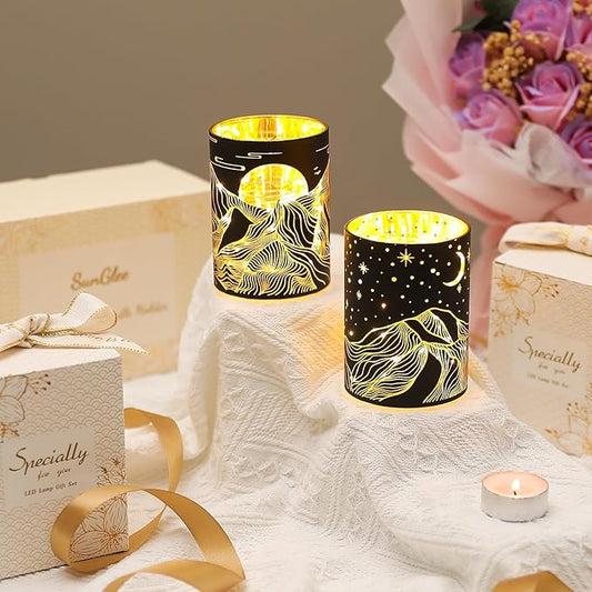 Glass Tealight Candle Holder, SunGlee Votive Candle Holders with LED String Light for Wedding, Birthday, Christmas Party Centerpiece Table Decor, Handmade Candle and Gift for Woman 2Pack