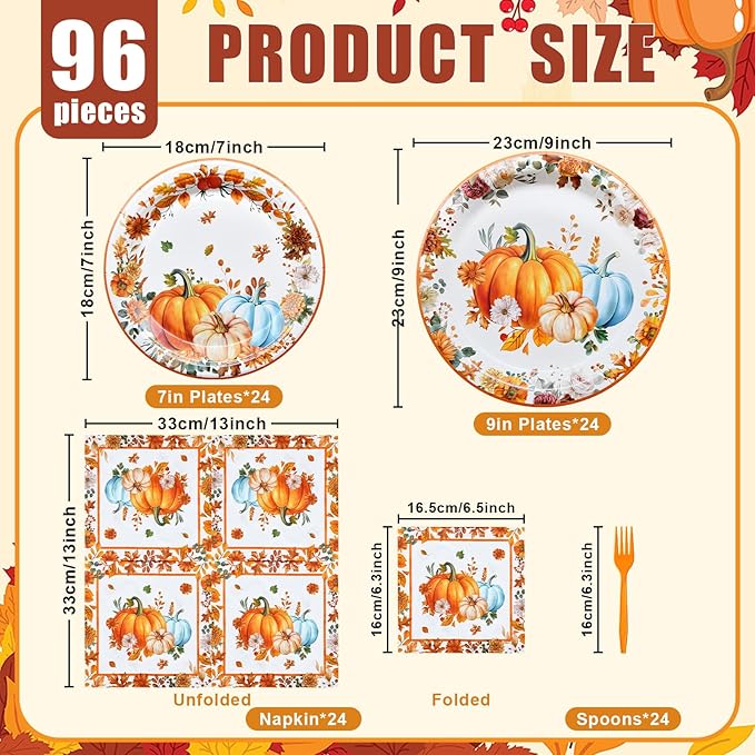 96 Pieces Thanksgiving Pumpkin Tableware Set ??Rustic Sunflower and Pumpkin Disposable Plates, Napkins, and Forks for Fall Dinners, Friendsgiving, Harvest Parties ??Serves 24 Guests