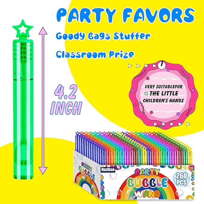 260 Pcs 10 Colors Mini Bubble Wands for Kids,Bulk Bubble Wand with Star Top, Perfect for Birthday,Party Favors, Wedding, Summer Outdoor Toys,Goody Bags Stuffer Bubbles, Carnival Prize,Givea Way