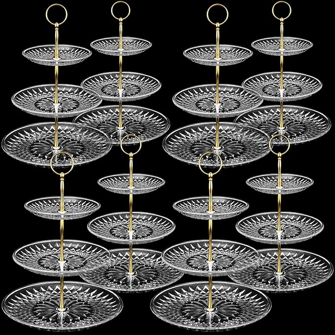 Patelai 8 Packs 3 Tier Crystal Acrylic Clear Cake Stand with Gold Round Holder Acrylic Cupcake Stand Holder for Home Wedding Holiday Birthday Baby Shower Tea Party (Clear)