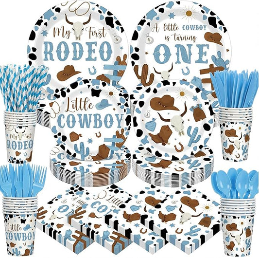 450 Pcs My First Rodeo Birthday Tableware Set Decorations Western Cowboy 1st Rodeo Paper Plates Disposable Napkins Cups Cutlery Straws for Boy Baby Shower Party Supplies, Serves 50