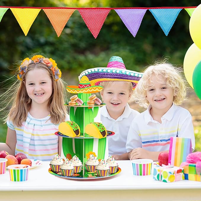 Haooryx Mexican Fiesta Party Cupcake Stand - 3 Tier Let’s Fiesta Cupcake Tower Cardboard Cactus Sombrero Dessert Holder for Kid Cinco De Mayo Taco Summer Carnival Birthday Party Cake Decortion Supply