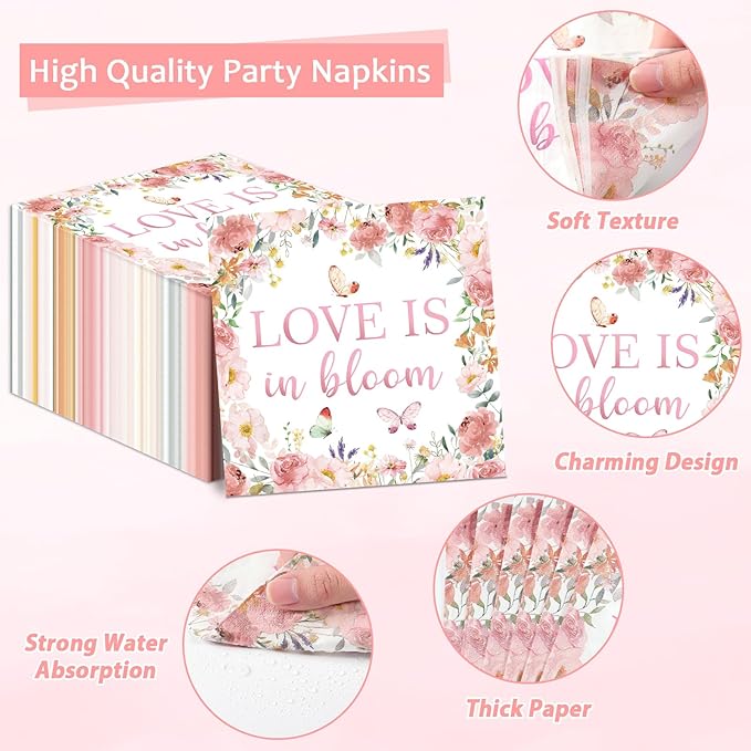 96 pcs Love Is In Bloom Bridal Shower Plates Napkins Sets Pink Floral Bridal Shower Party Supplies Love In Bloom Tableware Party Decoration for Engagement Wedding Decor Serves 24 Guests
