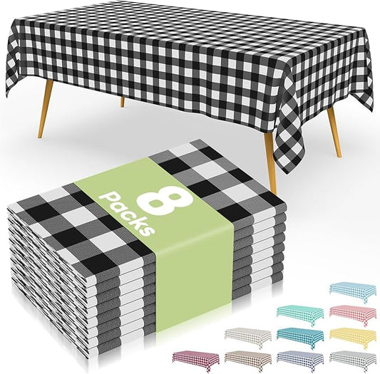 Smiry 8 Packs Gingham Disposable Table Cloth, 54 x 108 Inch Waterproof Plastic Tablecloth, Rectangle Black and White Checkered Table Covers for Picnic, Birthday, Party