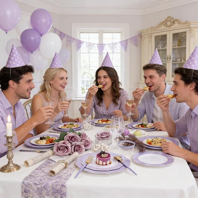 WDF 60pcs Purple Plates Disposable with Gold Rim - Baroque Light Purple Plastic Plates - Lavender Plates for Spring/Wedding/Birthday