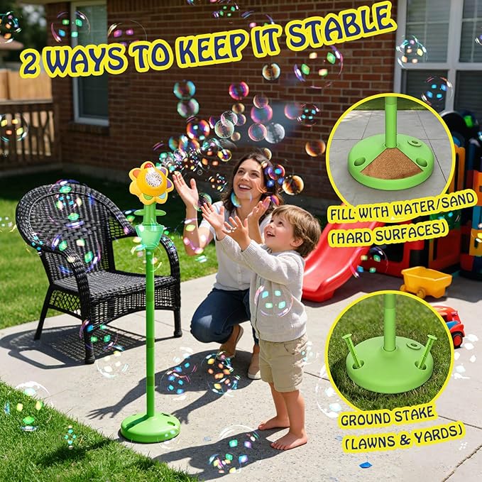 AIERSA 2 Pack Flower Bubble Stand Machine,Sunflower Bubble Maker with Lights, Height Adjustable Rechargeable Automatic Bubble Blower for Outdoor Backyard Party