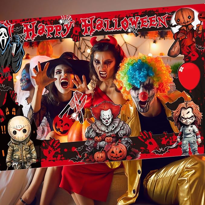 Halloween Photo Booth Props Kit, 16PCS Photo Props & Selfie Frame Halloween Party Decoration Supplies Dress Up Party Costumes Accessories for Photoshoot Selfie Props (Red)