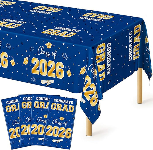 QZYL 4 Pack Graduation Decorations 2026, 54" x 108" Blue and Gold Disposable Graduation Table Cloths, Grad Party Decorations for Class of 2026, Rectangle Plastic Tablecloth for College Congrats Grad