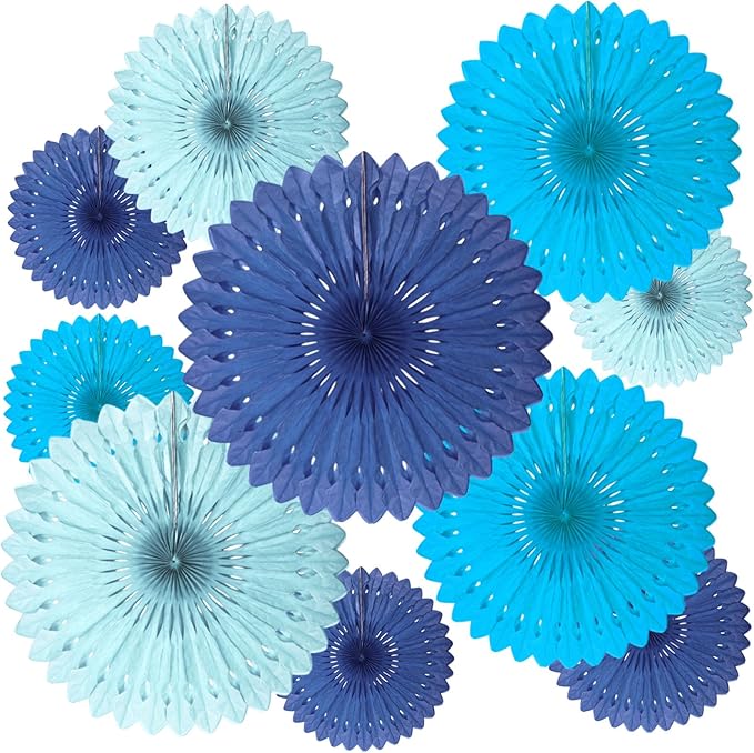18 Pcs Blue Kit Hanging Honeycomb Paper Fans, Round Paper Fan Decorations for Weddings, Birthdays, Bachelorette, Photo Booth Backdrops, Baby Shower, Anniversary Events Party Supplies