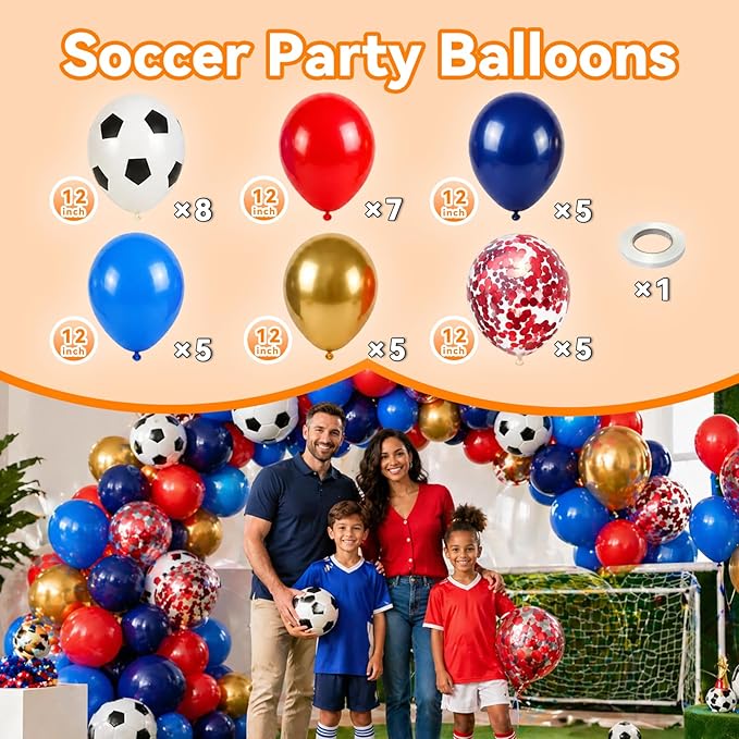 Soccer Balloons, 12Inch Blue Red Gold Soccer Printed Latex Balloons, Navy Royal Blue Red and Metallic Gold Helium Balloon with Confetti Balloon for Sport Football Theme Boy Men Birthday Party Decor