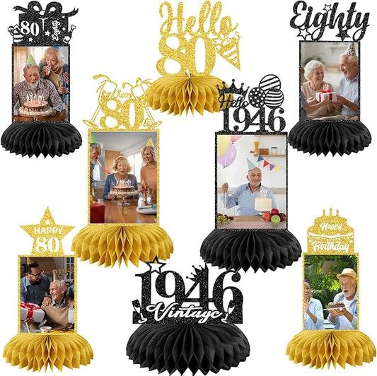 8Pcs 80th Birthday Decoration for Men Women Happy 80th Birthday Honeycomb Centerpieces 80th Birthday Table Party Decorations Black and Gold Cheers to 80 Years Decor 1946 Birthday Party Favors